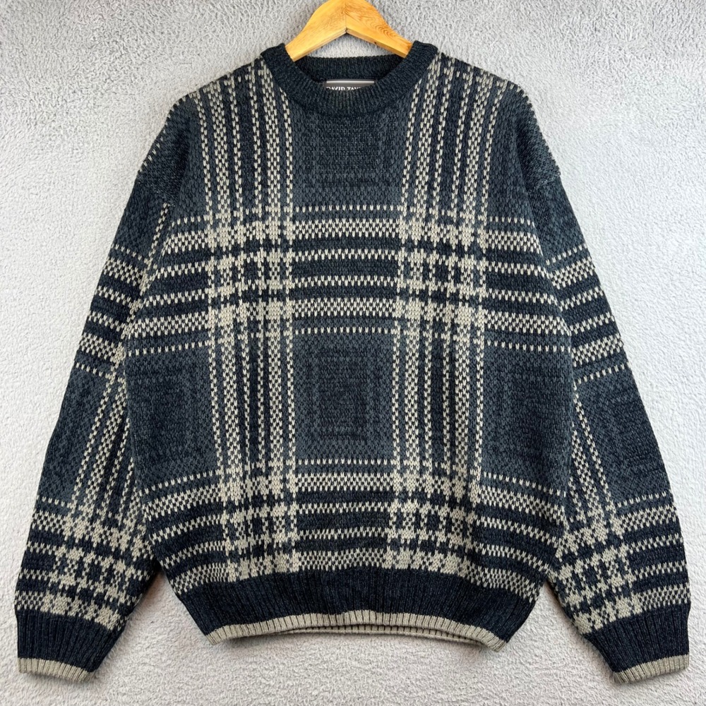 David Taylor Mens Plaid Crewneck Sweater Gray Tan Acrylic Knit Pullover Size M